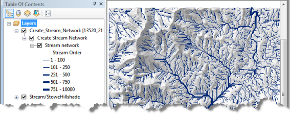 ArcMap después de ejecutar la tarea Crear red de cursos de agua